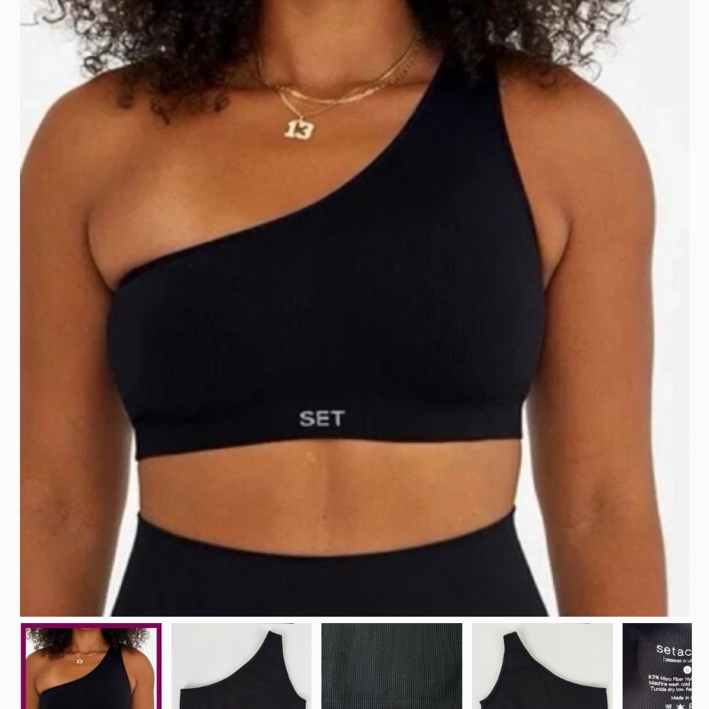 SET Active Black Ribbed One-Shoulder Sports Bra & Matching Leggings